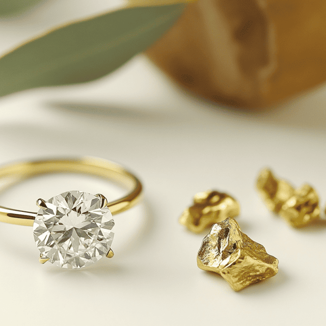 A yellow gold solitaire ring beside pieces of raw gold