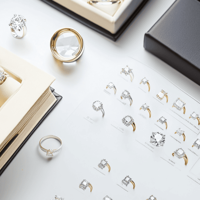 Loose diamonds and rings laid out beside ring design drawings