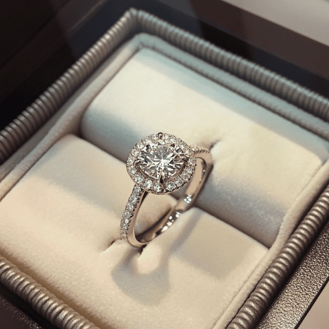 A halo diamond engagement ring in an open presentation box