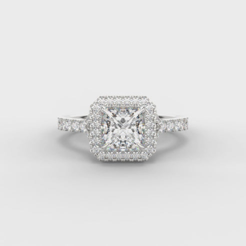 Pavé-Shoulder Halo Split-Shoulder Princess-Cut Engagement Ring, 0.5ct turning under light