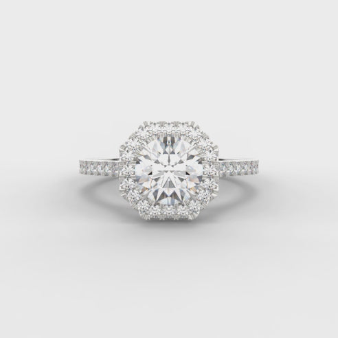 Pavé-Shoulder Halo Round-Brilliant Engagement Ring, 0.75ct turning under light