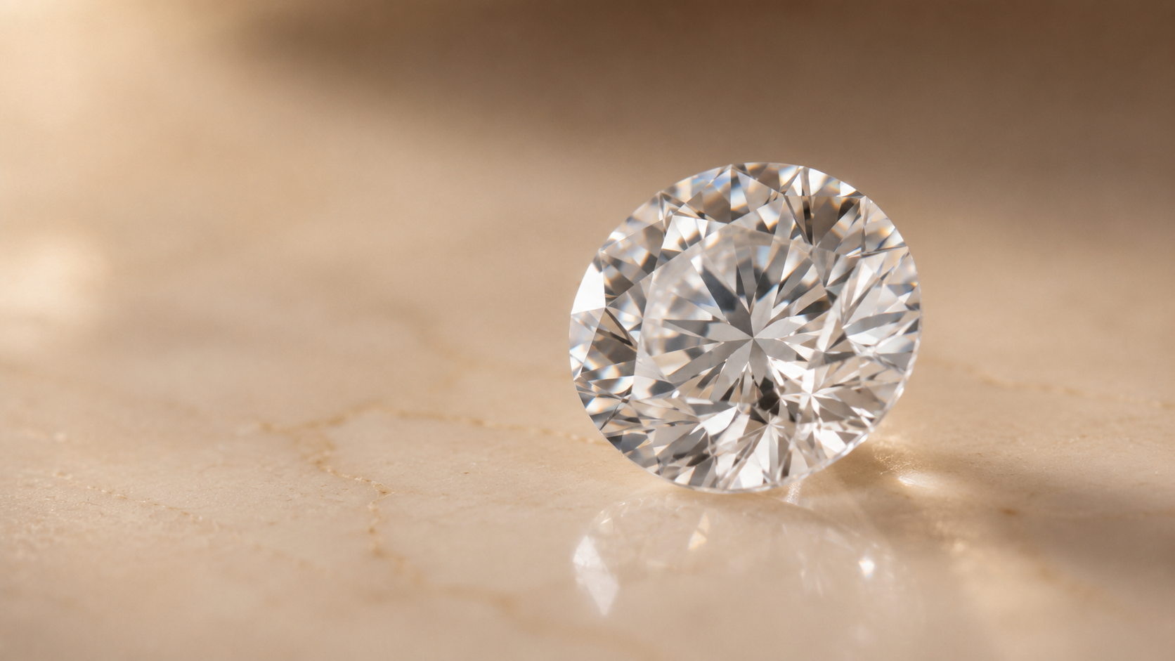 A round brilliant diamond resting on marble