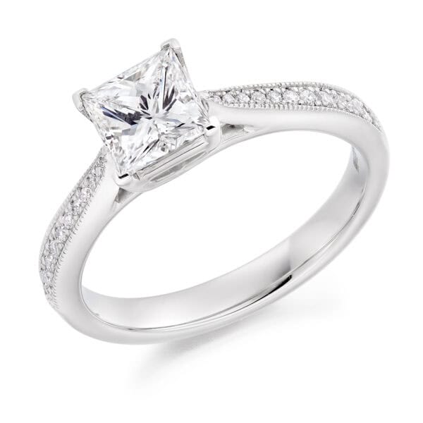 Princess Cut Solitaire 1ct Diamond Engagement Ring with Diamond Set Shoulders