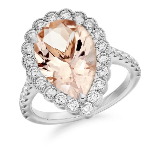 Morganite Pear Cut Cluster 4ct Engagement Ring with Diamond Set Shoulders