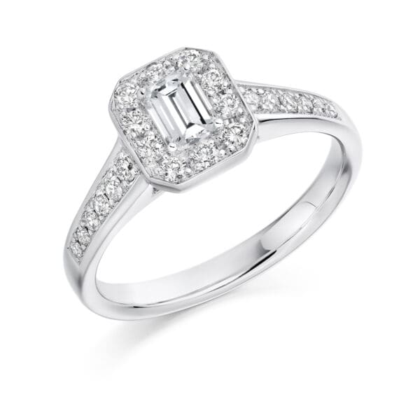 Emerald Cut Halo 0.33ct Diamond Engagement Ring with Diamond Set Shoulders