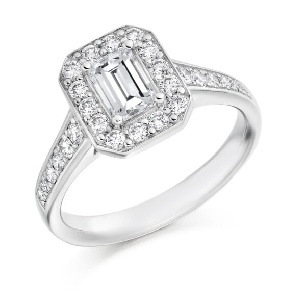 Emerald Cut Halo 0.5ct Diamond Engagement Ring with Diamond Set Shoulders