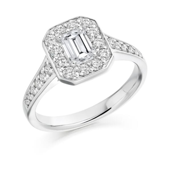 Emerald Cut Halo 0.75ct Diamond Engagement Ring with Diamond Set Shoulders