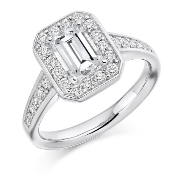 Emerald Cut Halo 1ct Diamond Engagement Ring with Diamond Set Shoulders