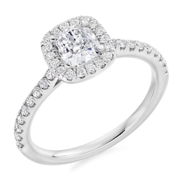 Cushion Cut Halo 0.75ct Diamond Engagement Ring with Diamond Set Shoulders