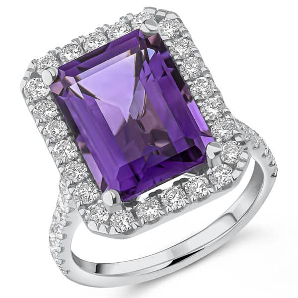 Amethyst Emerald Cut Cluster 6.5ct Engagement Ring with Diamond Set Shoulders