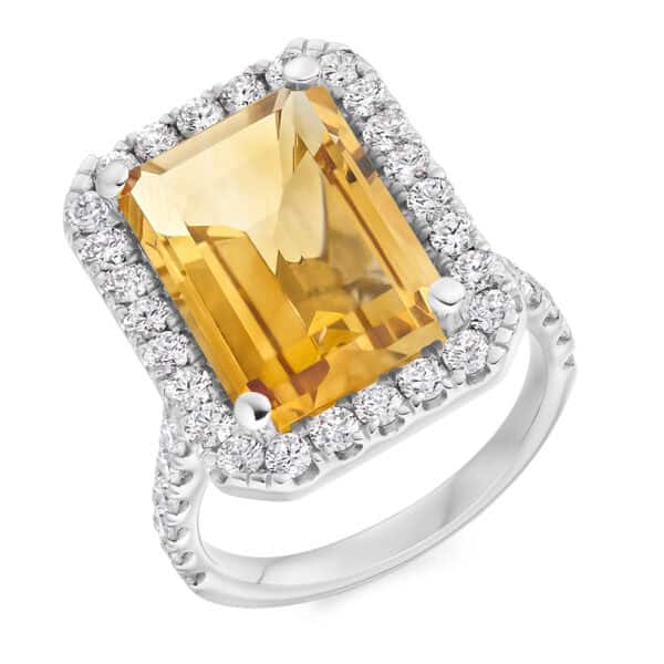 Citrine Emerald Cut Cluster 7.5ct Engagement Ring with Diamond Set Shoulders