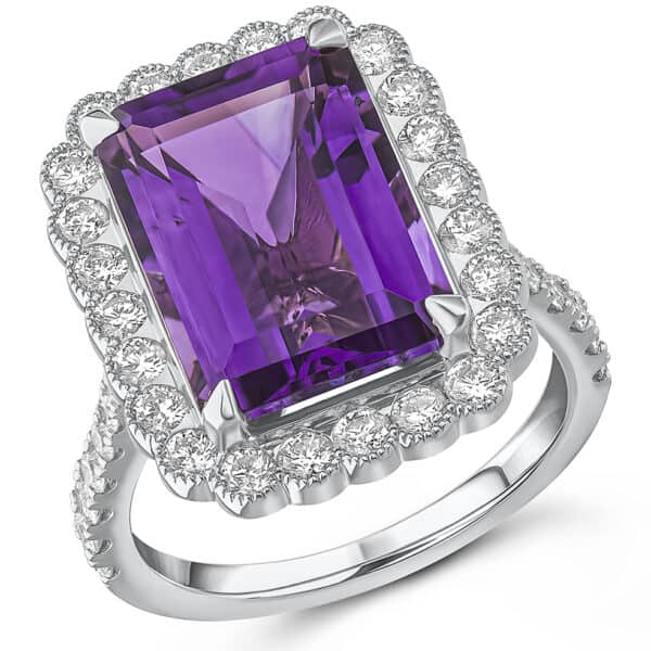 Amethyst Emerald Cut Cluster 6.5ct Engagement Ring with Diamond Set Shoulders