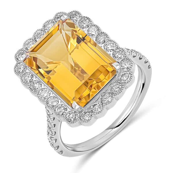 Citrine Emerald Cut Cluster 7.5ct Engagement Ring with Diamond Set Shoulders