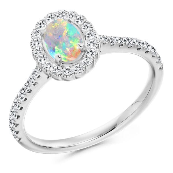 Opal Oval Cut Cluster 0.25ct Engagement Ring with Diamond Set Shoulders