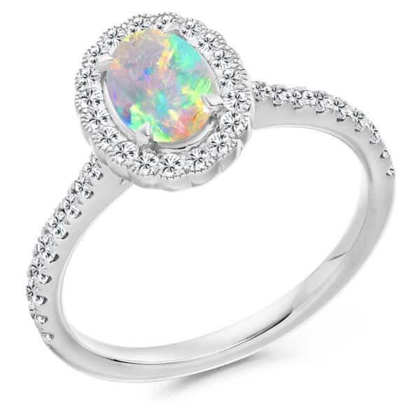 Opal Oval Cut Cluster 0.5ct Engagement Ring with Diamond Set Shoulders