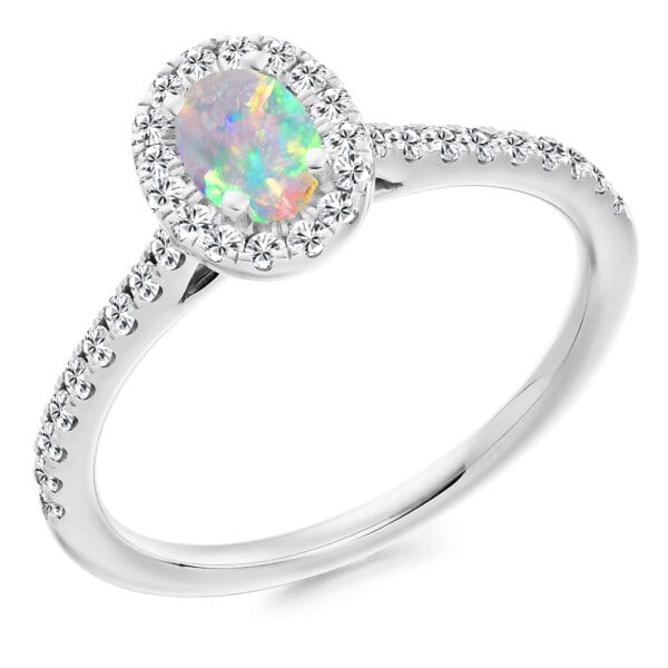 Opal Oval Cut Cluster 0.25ct Engagement Ring with Diamond Set Shoulders