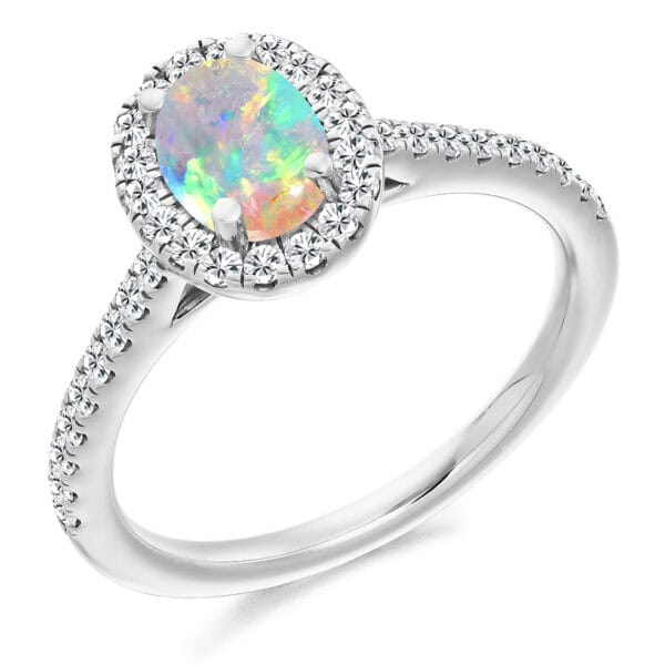 Opal Oval Cut Cluster 0.5ct Engagement Ring with Diamond Set Shoulders