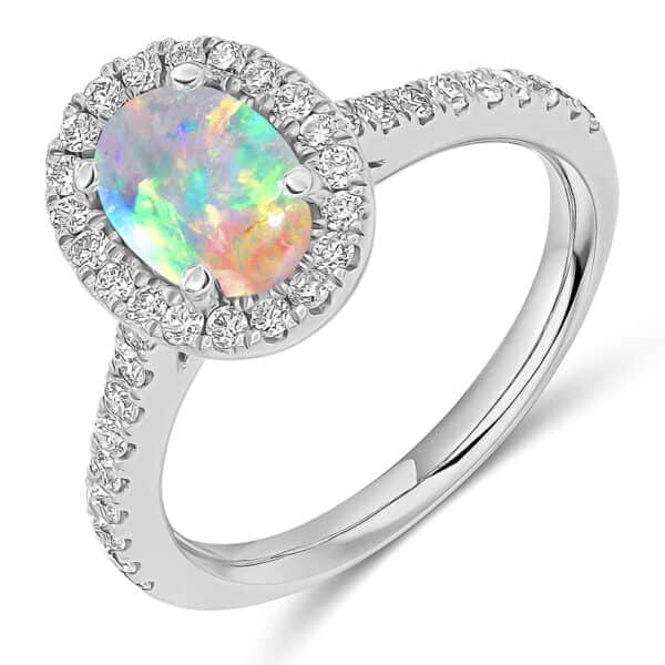 Opal Oval Cut Cluster 0.7ct Engagement Ring with Diamond Set Shoulders