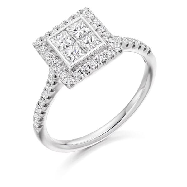 Princess Cut Halo 0.6ct Diamond Engagement Ring with Diamond Set Shoulders