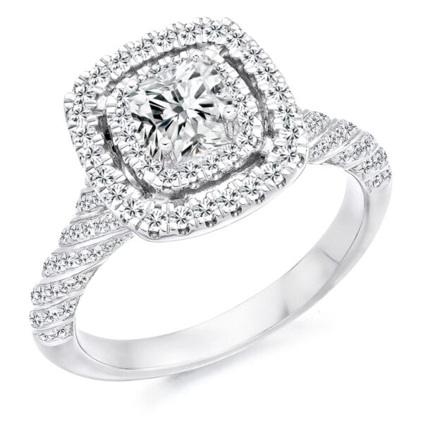 Cushion Cut Halo 0.5ct Diamond Engagement Ring with Diamond Set Shoulders