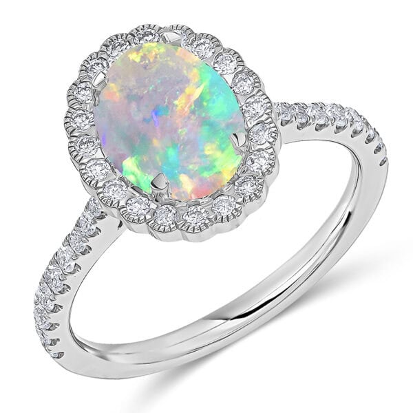 Opal Oval Cut Cluster 0.7ct Engagement Ring with Diamond Set Shoulders