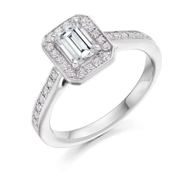Emerald Cut Halo 0.5ct Diamond Engagement Ring with Diamond Set Shoulders