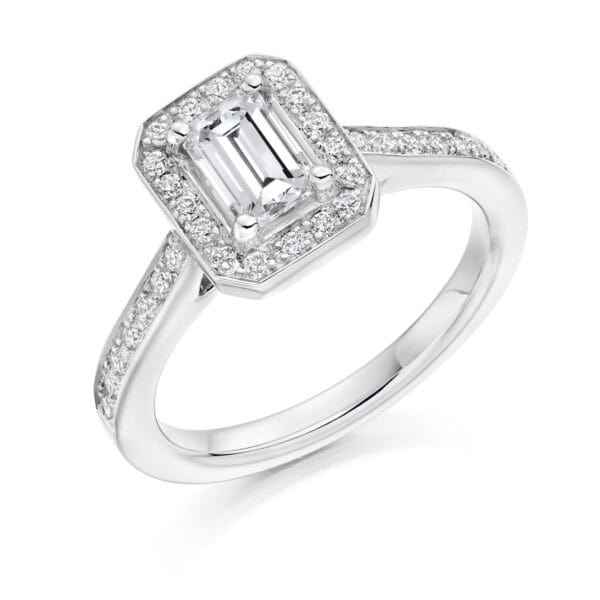 Emerald Cut Halo 0.75ct Diamond Engagement Ring with Diamond Set Shoulders