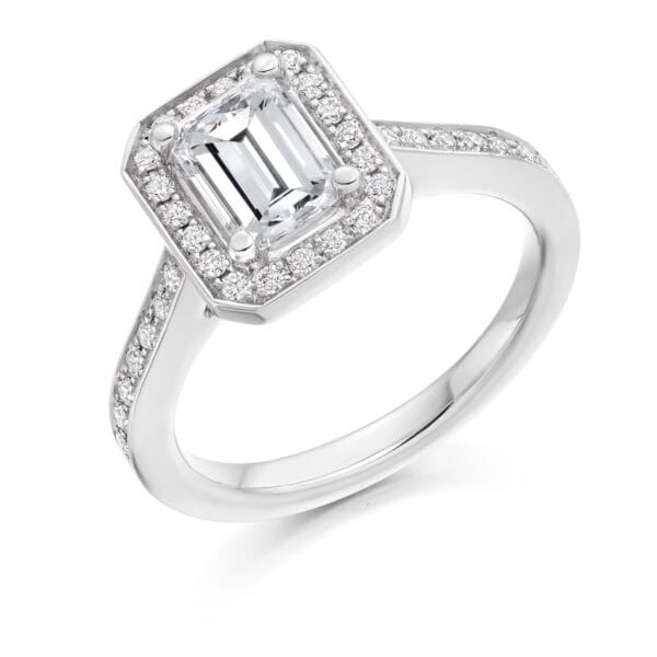 Emerald Cut Halo 1ct Diamond Engagement Ring with Diamond Set Shoulders