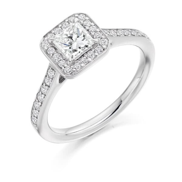 Princess Cut Halo 0.5ct Diamond Engagement Ring with Diamond Set Shoulders