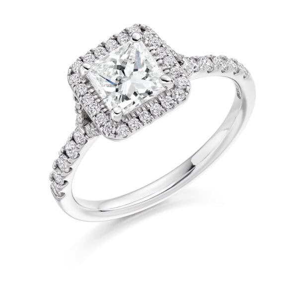 Princess Cut Halo 0.75ct Diamond Engagement Ring with Diamond Set Shoulders