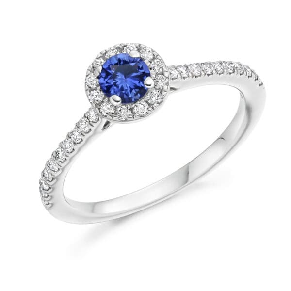 Blue Sapphire Round Brilliant Cluster 0.4ct Engagement Ring with Diamond Set Shoulders
