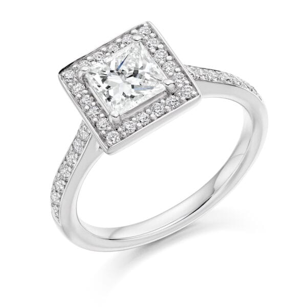 Princess Cut Halo 0.75ct Diamond Engagement Ring with Diamond Set Shoulders