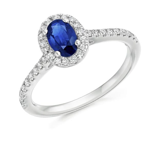 Blue Sapphire Oval Cut Cluster 0.75ct Engagement Ring with Diamond Set Shoulders