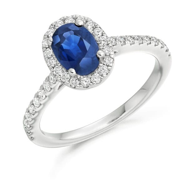 Blue Sapphire Oval Cut Cluster 1ct Engagement Ring with Diamond Set Shoulders