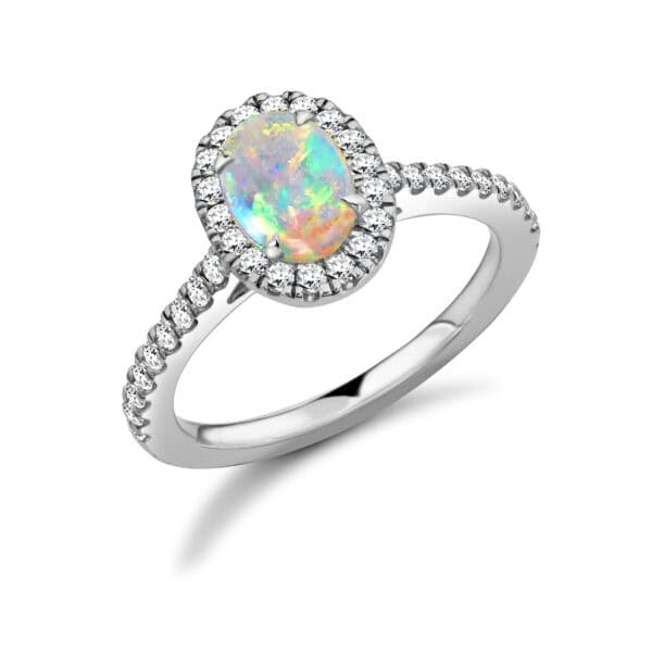 Opal Oval Cut Cluster 0.5ct Engagement Ring with Diamond Set Shoulders