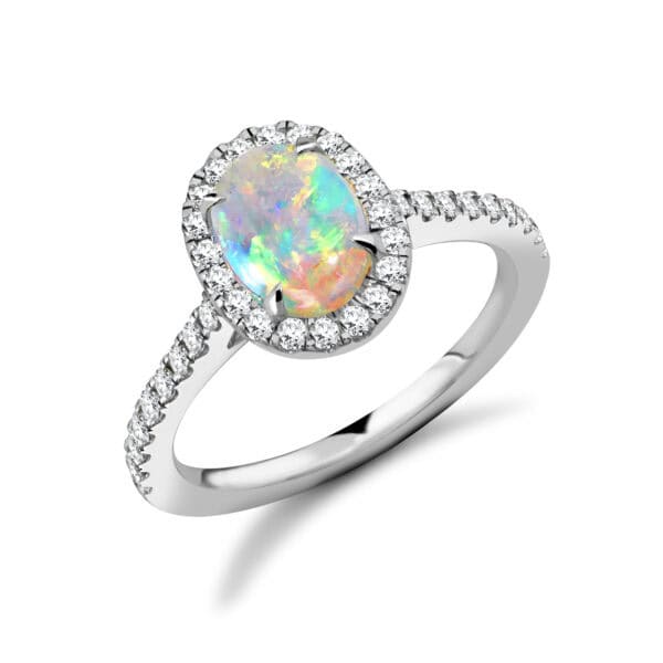 Opal Oval Cut Cluster 0.7ct Engagement Ring with Diamond Set Shoulders