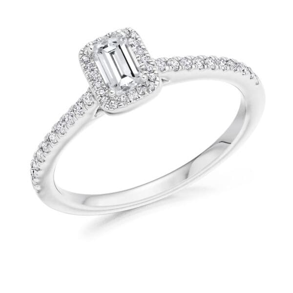 Emerald Cut Halo 0.25ct Diamond Engagement Ring with Diamond Set Shoulders