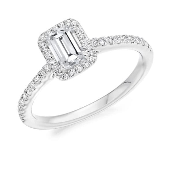 Emerald Cut Halo 0.5ct Diamond Engagement Ring with Diamond Set Shoulders
