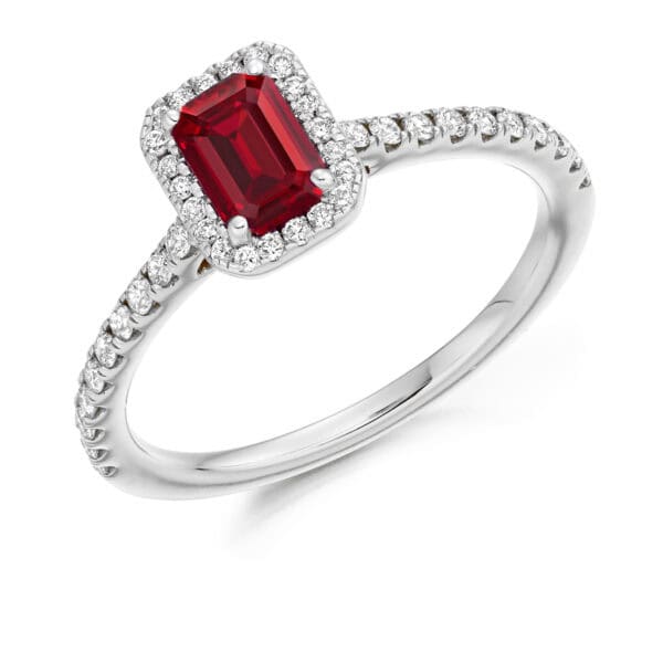 Ruby Emerald Cut Cluster 0.66ct Engagement Ring with Diamond Set Shoulders