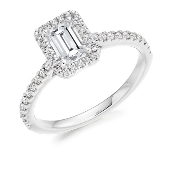 Emerald Cut Halo 0.75ct Diamond Engagement Ring with Diamond Set Shoulders