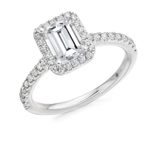 Emerald Cut Halo 1ct Diamond Engagement Ring with Diamond Set Shoulders