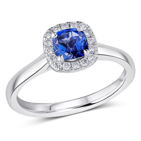 Blue Sapphire Cushion Cut Cluster 0.75ct Engagement Ring