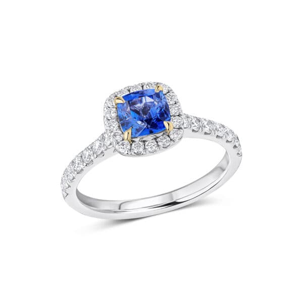Cushion Cut Cluster Diamond Engagement Ring with Diamond Set Shoulders