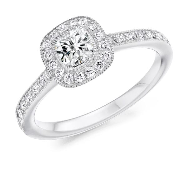 Cushion Cut Halo 0.25ct Diamond Engagement Ring with Diamond Set Shoulders