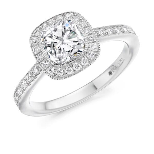 Cushion Cut Halo 1ct Diamond Engagement Ring with Diamond Set Shoulders