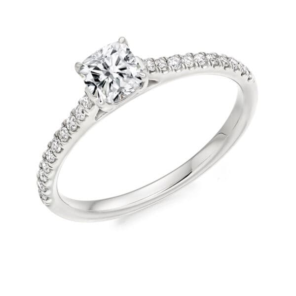 Cushion Cut Solitaire 0.5ct Diamond Engagement Ring with Diamond Set Shoulders