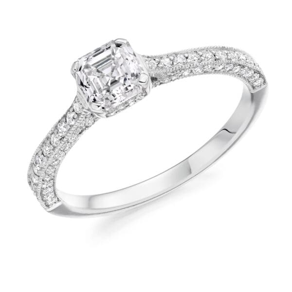 Asscher Cut Solitaire 0.75ct Diamond Engagement Ring with Diamond Set Shoulders