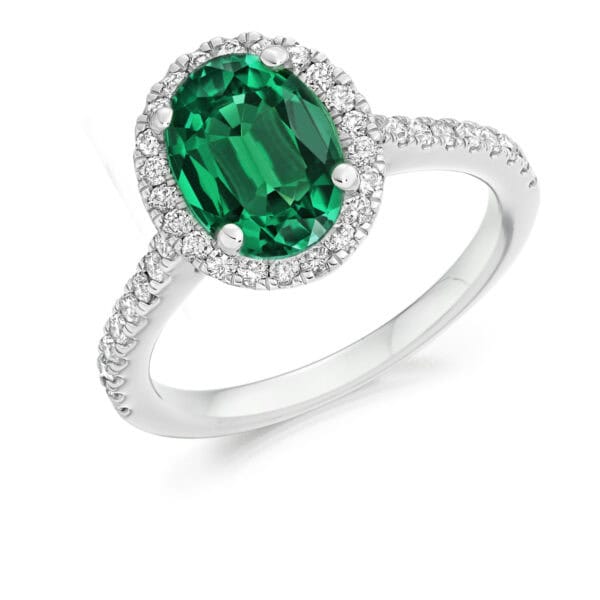 Emerald Oval Cut Cluster 2ct Engagement Ring with Diamond Set Shoulders