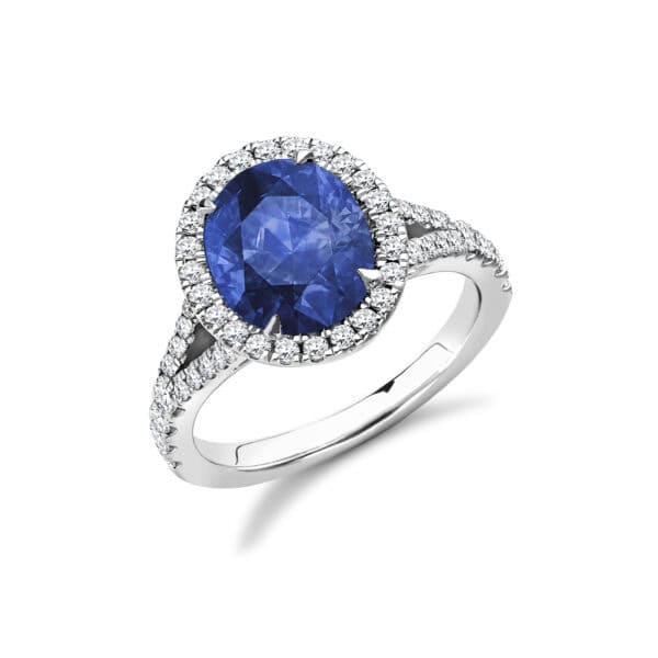 Blue Sapphire Oval Cut Cluster 4.5ct Engagement Ring with Diamond Set Split Shoulders