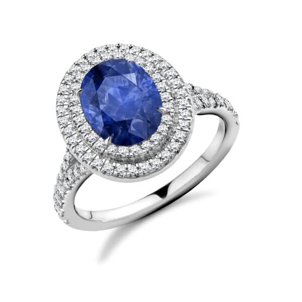 Blue Sapphire Oval Cut Cluster 2.25ct Engagement Ring with Diamond Set Split Shoulders